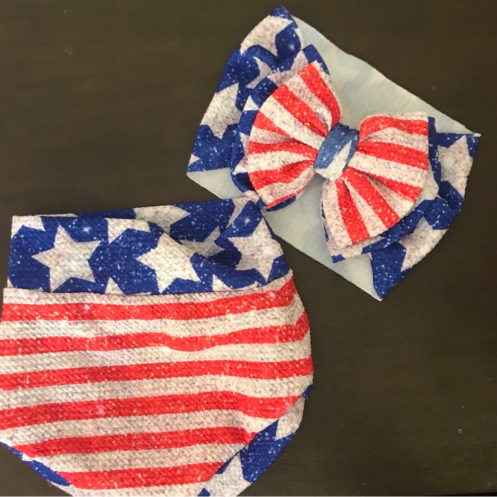 Patriotic bow and bummy set. Size 5 mo